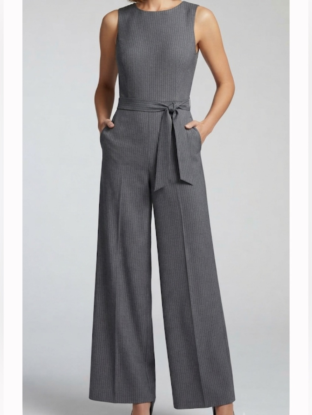TAHARI Sleeveless Wide Leg Jumpsuit Grey Pinstripe Tie Waist Size 2